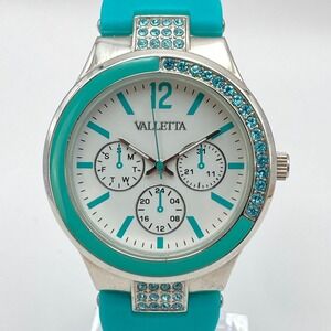 Valletta Women's Watch 40mm Silver Tone Aqua Blue Crystals New Battery 9"